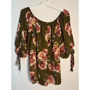 Elizabeth Olive Green Floral Off The Shoulder Balloon Sleeve Blouse Plus 1X